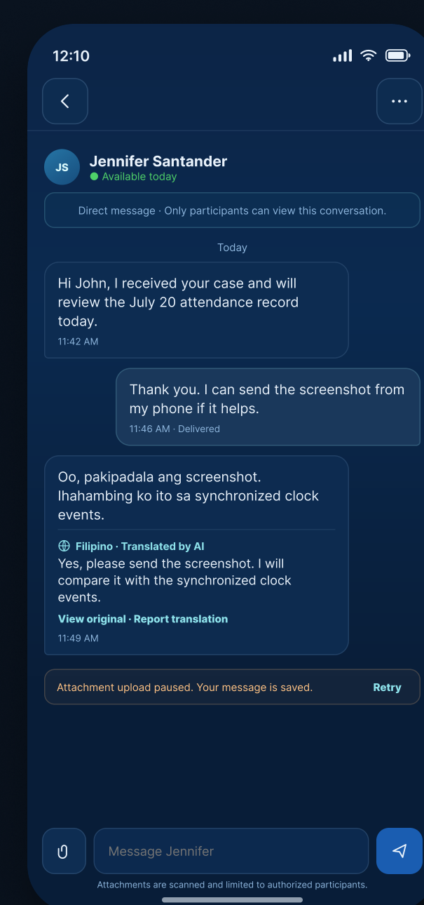 escoHR chat conversation with translated message