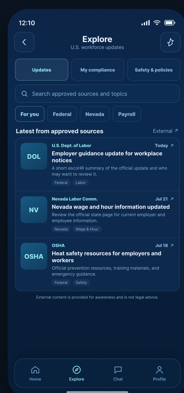 escoHR Explore screen with approved compliance and safety resources