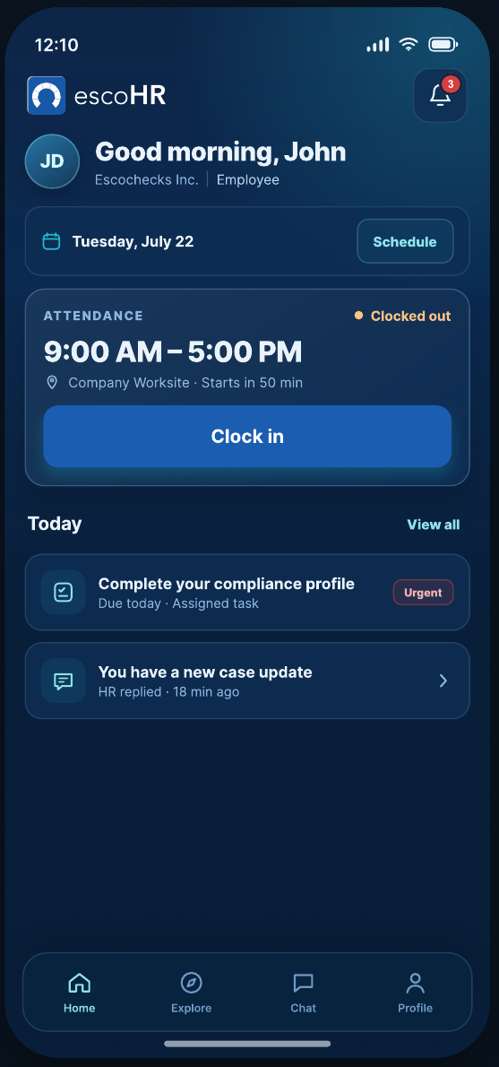 EscoHR employee home showing today's shift, clock-in, assigned task and case update