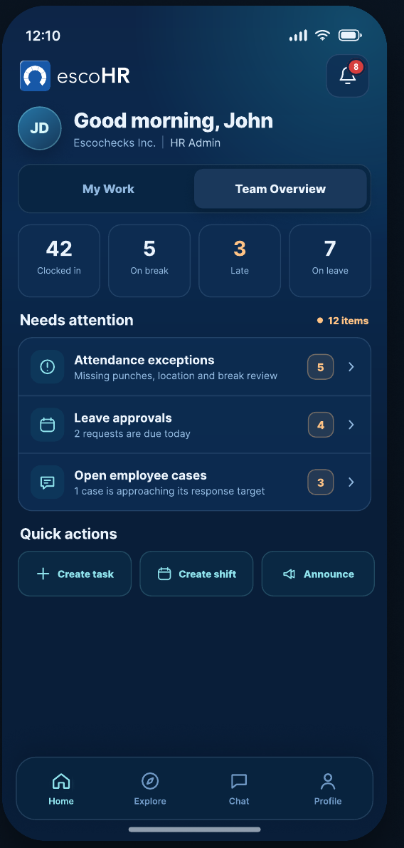 EscoHR HR Admin home showing team overview, attendance exceptions and leave approvals
